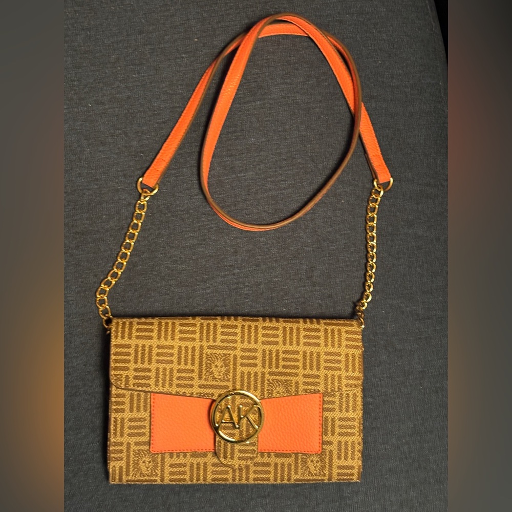 Anne Klein Brown & Tan Monogram, Pink Pocket Logo Clasp, Clutch, Crossbody Bag